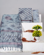 Steel Grey Color Pure linen Hand Block Print with Zari Border Suit