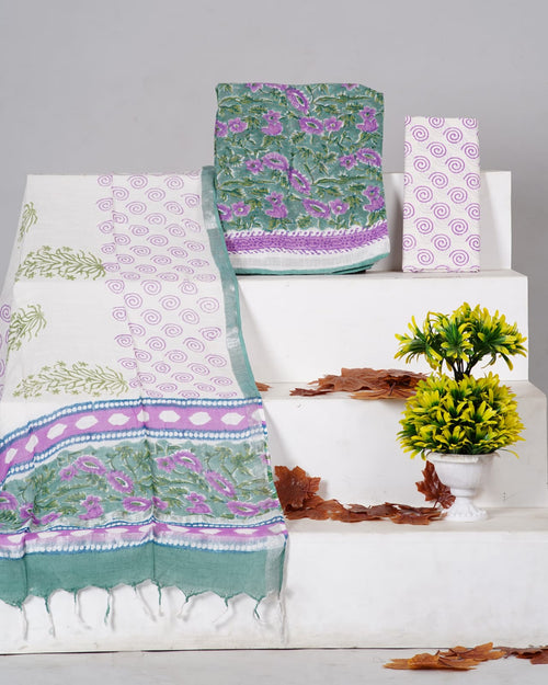 Pastel Green With Lavender Color Pure linen Hand Block Print with Zari Border Suit
