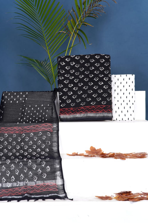 Black Color Pure linen Hand Block Print with Zari Border Suit