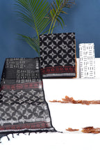 Black Color Pure linen Hand Block Print with Zari Border Suit