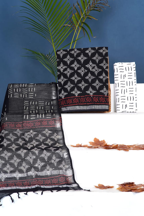 Black Color Pure linen Hand Block Print with Zari Border Suit