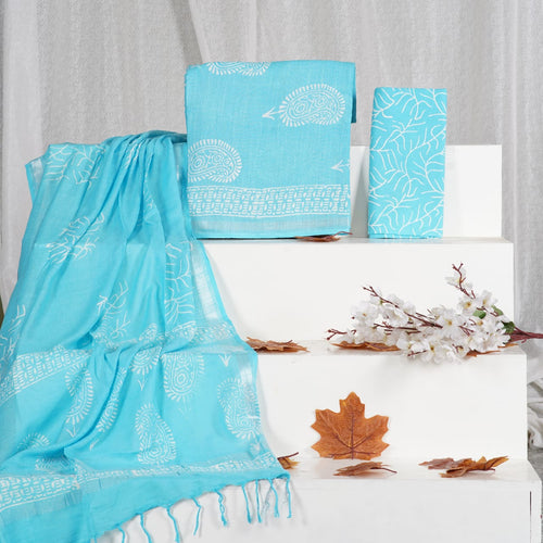 Sky Blue Color Pure Linen Hand Block Print Suit