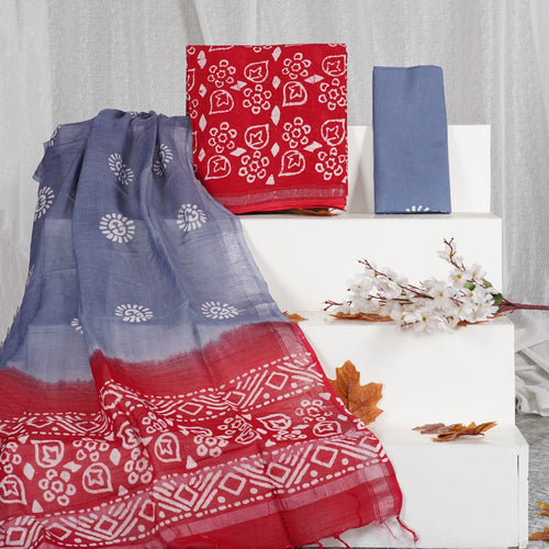 Red Color Pure Linen Hand Block Print With Zari Border Suit