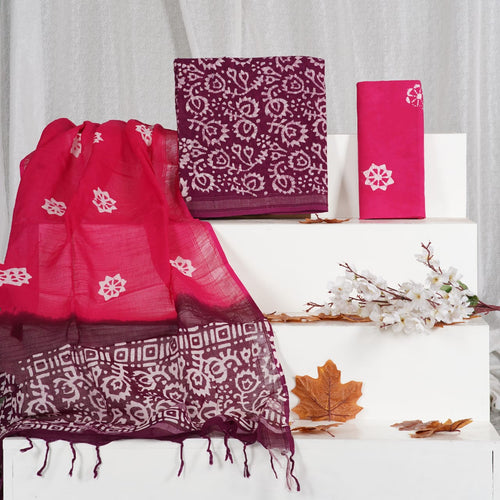 Maroon And Rani Color Pure Linen Hand Block Print With Zari Border Suit