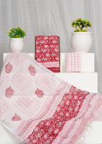 Red Color Pure Linen Hand Block Print With Zari Border Suit