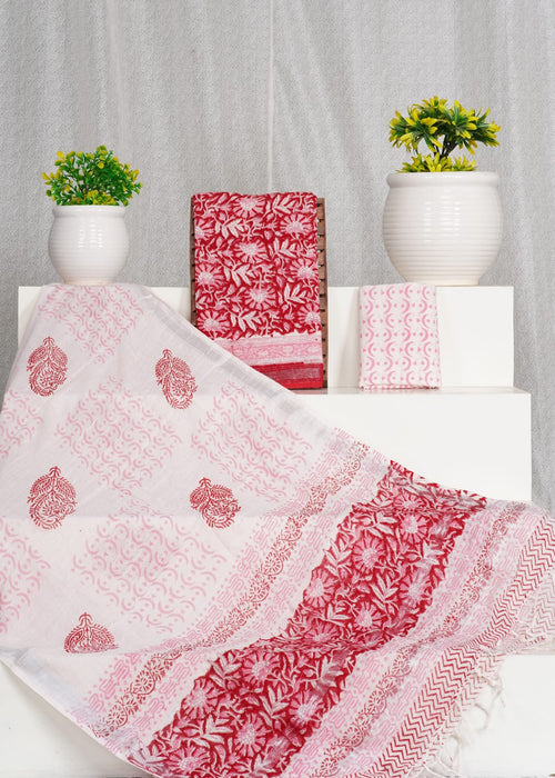 Red Color Pure Linen Hand Block Print With Zari Border Suit