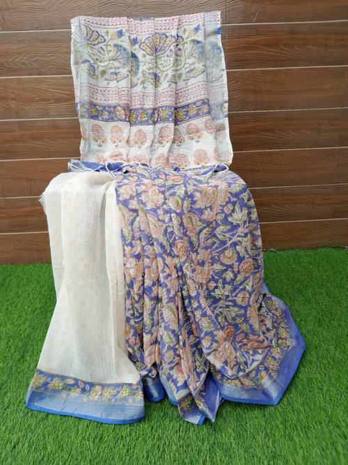 Blue Color Handloom Linen Block Print Saree