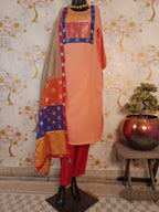 Designer Peach Color Handloom Cotton Patch Work Suit
