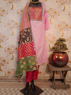 Designer Pink Handloom Cotton Patch Work Suit