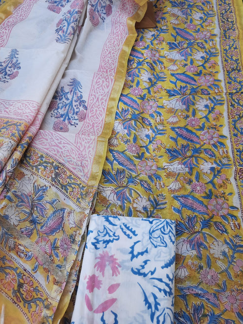 Lemon Yellow Color Chanderi Hand Block Print Suit