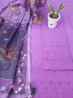 Lavender Color Cotton Hakoba Embroidery Suit With Soft Silk Pichwai Art Print Dupatta