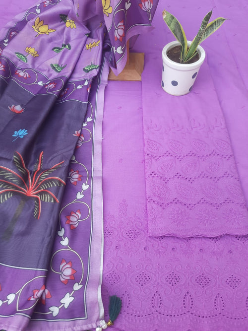 Lavender Color Cotton Hakoba Embroidery Suit With Soft Silk Pichwai Art Print Dupatta