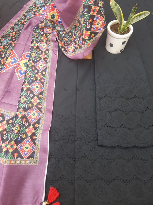 Black Color Cotton Hakoba Embroidery With Soft Silk Patola Print