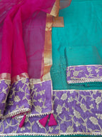 Designer Rama Geeen Color Dress Material With Rani Organza Silk Dupatta