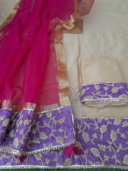 Designer Beige Color Dress Material With Rani Organza Silk Dupatta