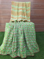 Soft Handloom Silk Pastel Green Color Hand Block Print Saree