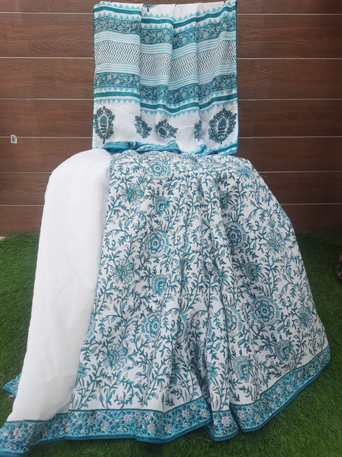 Soft Handloom Silk Peral White Block Print Saree