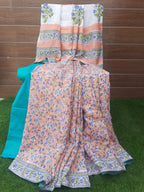 Soft Handloom Silk Peach Color Hand Block Print Saree