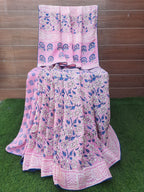 Soft Handloom Silk Block Print Pink Color Saree