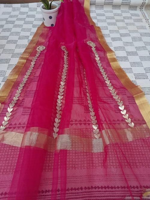 Rani Color Orgenza Gota Pati Golden Color With Zari Border Dupatta