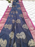 Navy Blue Color Pure Banarsi Silk Golden Heavy Zari Border Dupatta