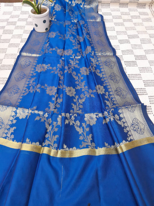 Blue Color Pure Banarsi Silk Golden Color With Heavy Zari Border Dupatta