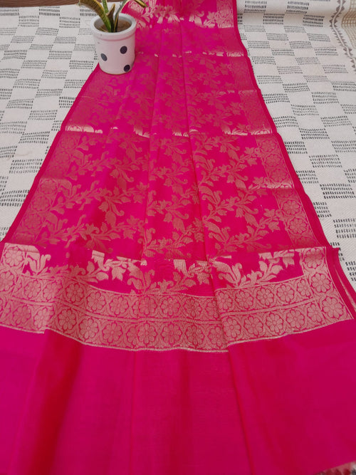Rani Color Pure Banarsi Silk With Heavy Zari Border Dupatta