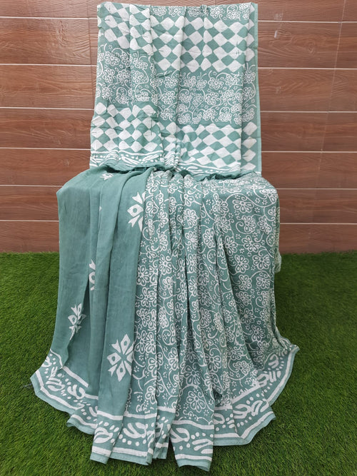 Pastel Green Batik Print Handloom Silk Saree