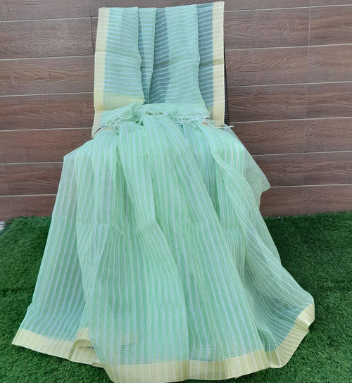 Pastel Green Color Soft Silk Kota Doria With Zari Border Saree