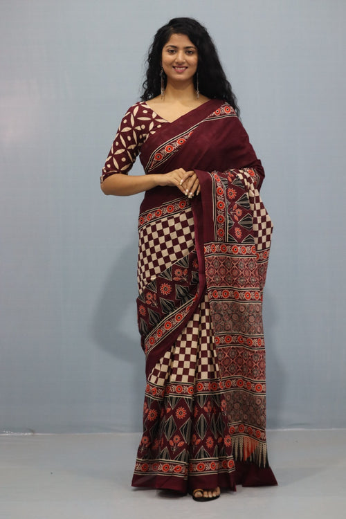 Dark Maroon Color Mulmul Cotton Saree
