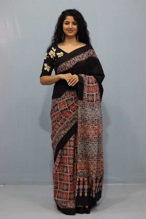 Black With Red Color Mulmul Cotton Saree
