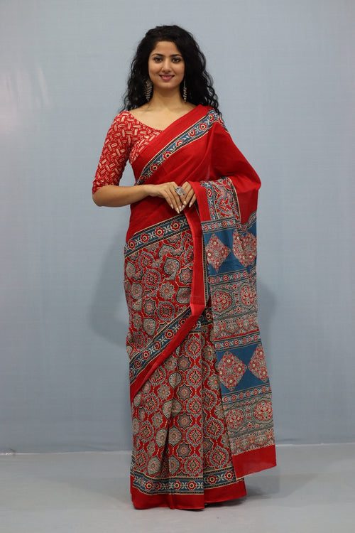 Red Color Mulmul Cotton Saree