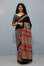 Black Color Ajrakh Print Mulmul Cotton Saree - Aaditri fab