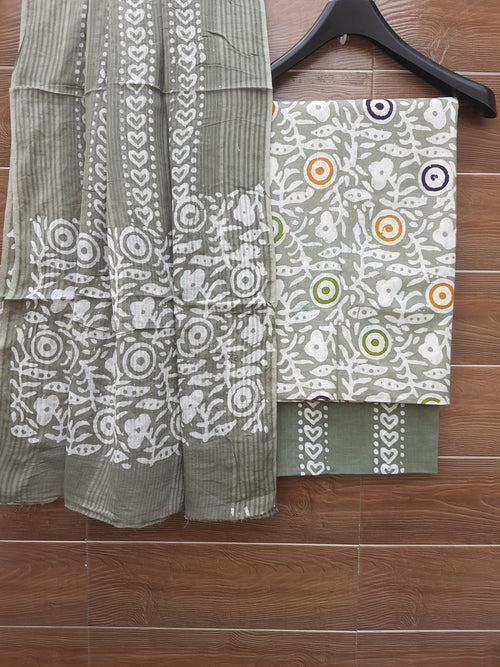 Pastel Grey Color Wax Batik Print Cotton Suit With Cotton Dupatta