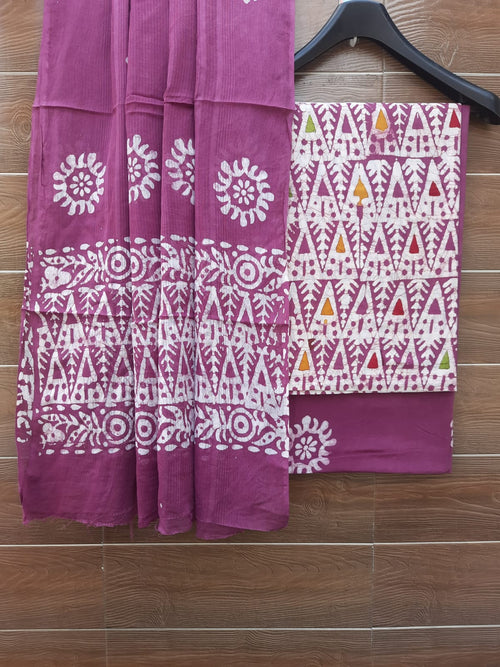 Wine Color Cotton Wax Batik Print With Mulmul Dupatta Set