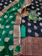 Black Color Banarsi Suit With Dark Green Color Banarsi Silk dupatta