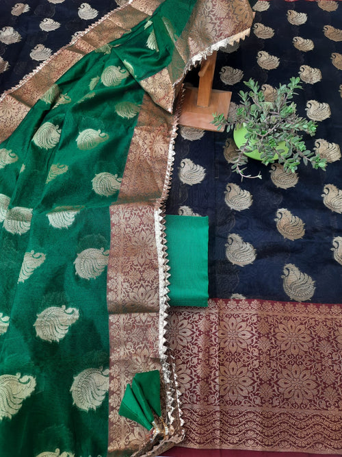 Black Color Banarsi Suit With Dark Green Color Banarsi Silk dupatta