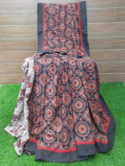 Designer Ajrakh Block Print Cotton Saree