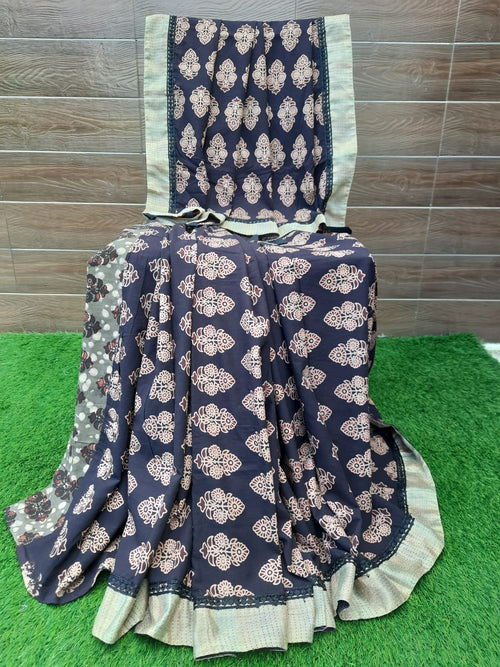 Designer Black Color Ajrakh Block Print Cotton Saree