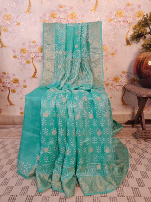 Mint Green Modal Silk Hand Block Print Saree