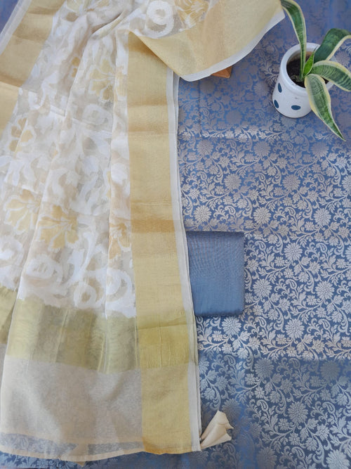 Beautiful Grey Color Banarsi Sui With Jamdani Tissue Zari weaving Dupatta - Aaditri fab