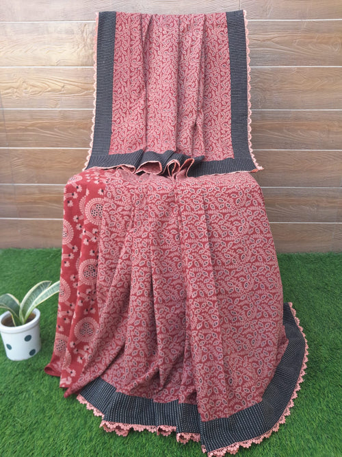 Rust Color Designer Ajrakh Block Print Cotton Saree