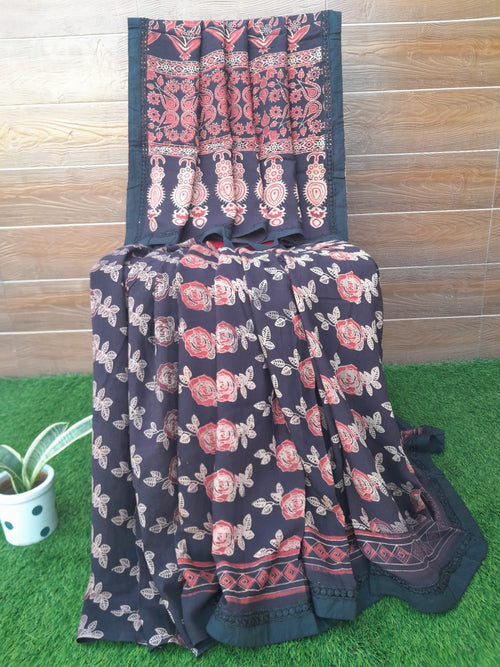 Beautiful Black Color Designer Ajrakh Block Print Cotton Saree
