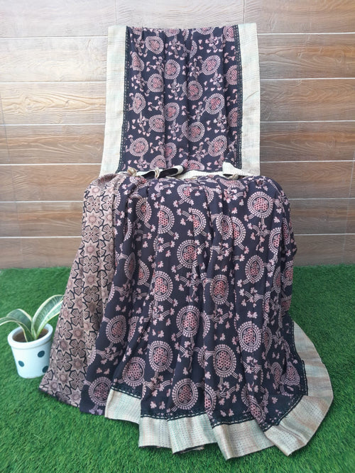 Black Color Designer Ajrakh Block Print Cotton Saree