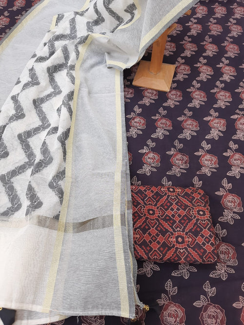 Ajrakh Print Cotton Dress Material With Chanderi Dupatta