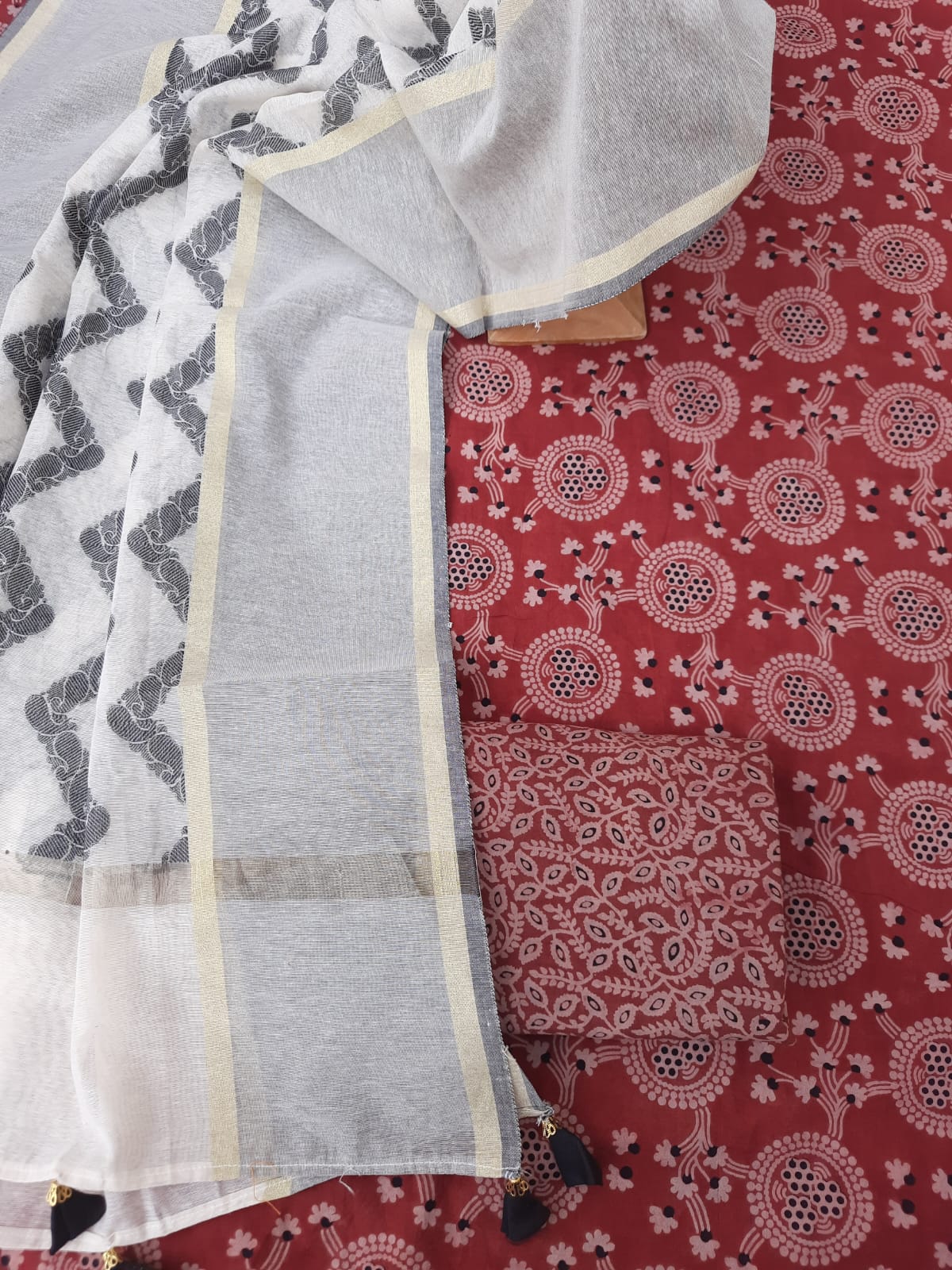 white christmas dresses Original silk Hand Crafted Ajrakh Dress Material – Ethenika.com main image 0