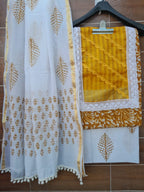 Mustard Color Wax Batik Hand Block Print Designer cotton patch work suit