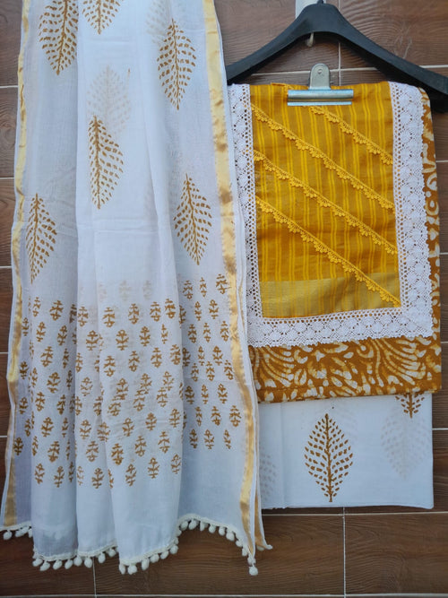 Mustard Color Wax Batik Hand Block Print Designer cotton patch work suit