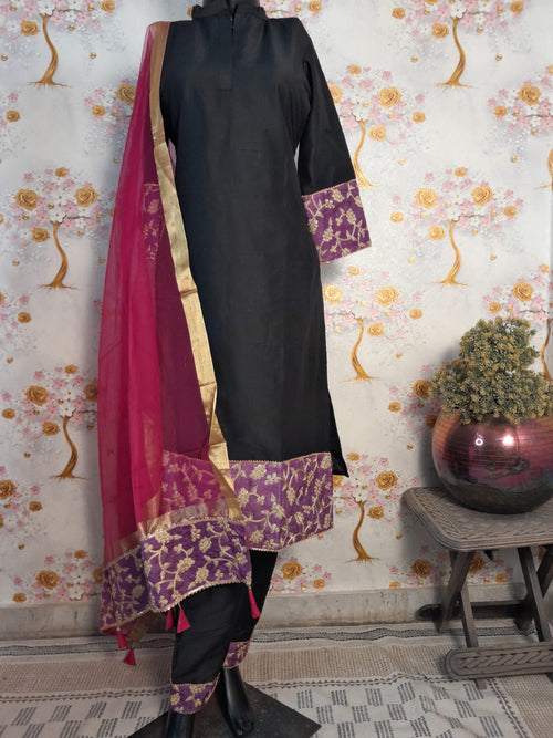 Black colour designer with lavender embroidery patch work suit