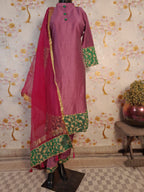 Lavender colour designer silk suit with green embroidery